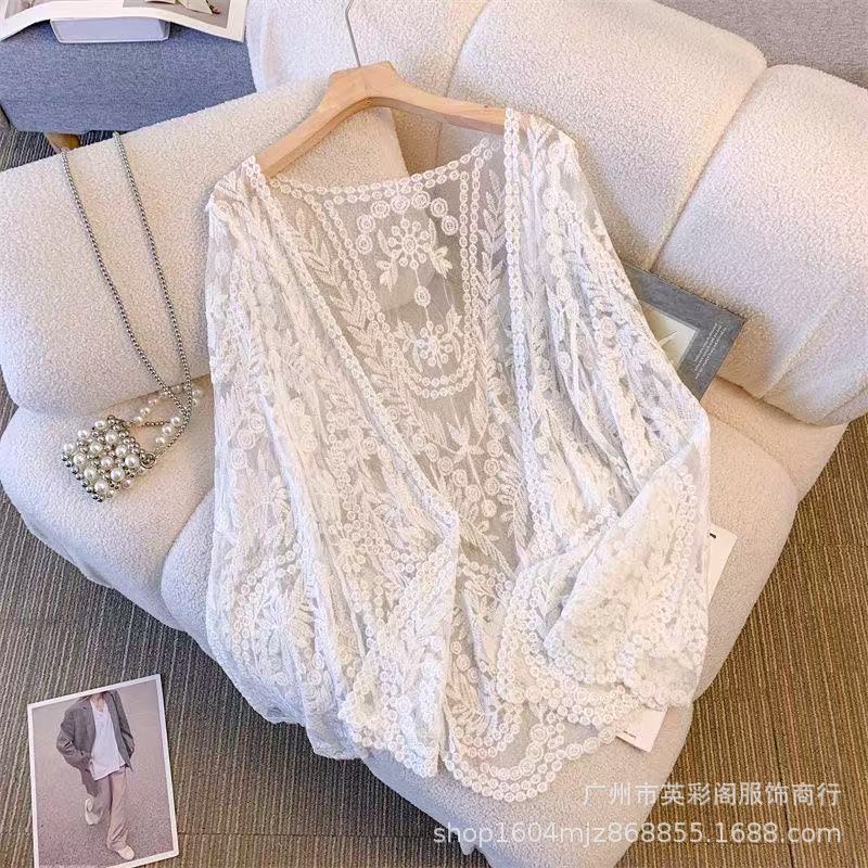 Summer Thin Knitted Sweater Women's Embroidered Hollow Long-sleeved Beach Clothes Women's Top Lace-up Jacket Versatile