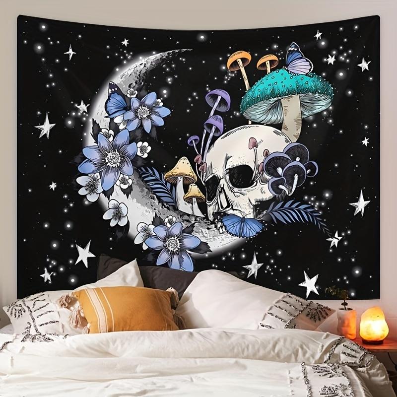 Dark Wind Starry Moon Skull Mushroom Tapestry Bohemian Flower Background Bugot Room Decoration 100X70CM