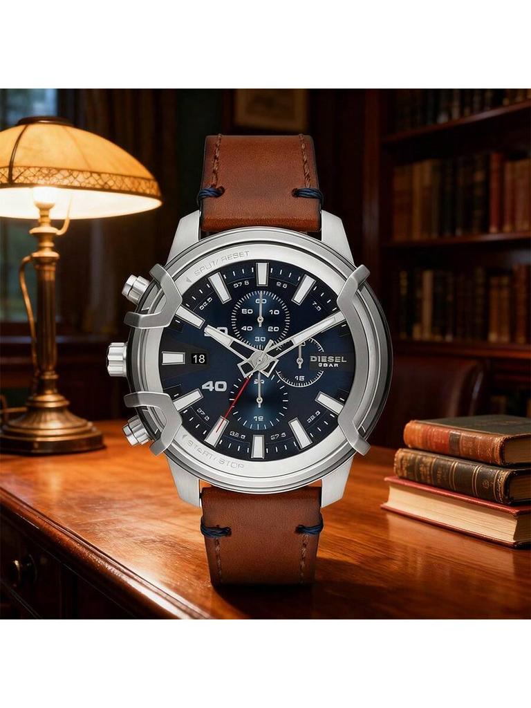 Diesel  Griffed Men’s Chronograph Watch – 48 mm Stainless Steel Case, Sunray Dial with Stick Indexes,Leather Strap – DZ4518