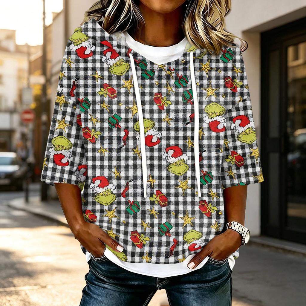 Women's Casual 3/4 Sleeve Christmas Print Hooded T-Shirt Top