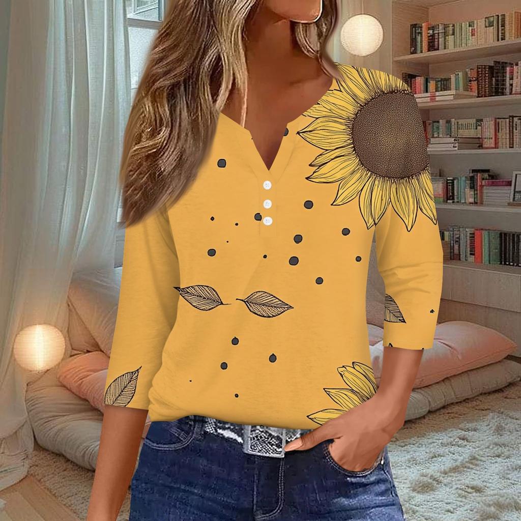 Women's T Shirt Tee Print Button 3/4 Sleeve Daily Weekend Fashion Basic V Neck Regular Top