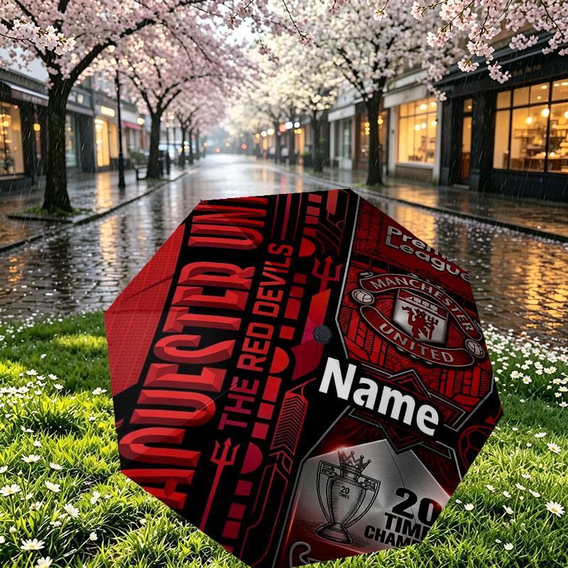 Custom Name Personalized Manchester United Print Umbrella, Auto Open Close, 8‑Rib Sturdy Frame, Commute Camping Hiking Use, Birthday Gift