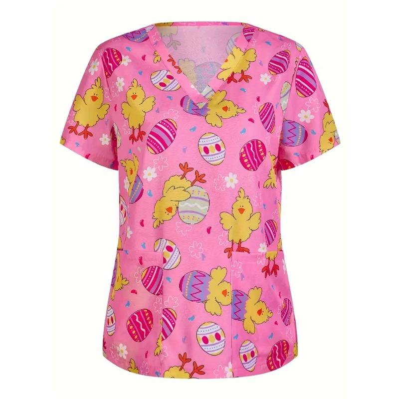 Uniformes Chirurgicaux Femme Imprimé Motifs Colorés Uniformes Chirurgicaux Col en V Manches Courtes Poche Plaquée T-shirt Médical de Bloc pour Femme