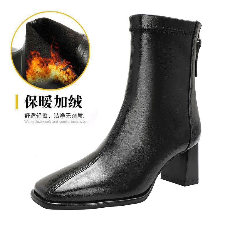 White French Small Short Boots Women's Spring and Autumn Single Boots 2025 Autumn and Winter New Women's Thin Boots Thick Heel Square Head High Heel B