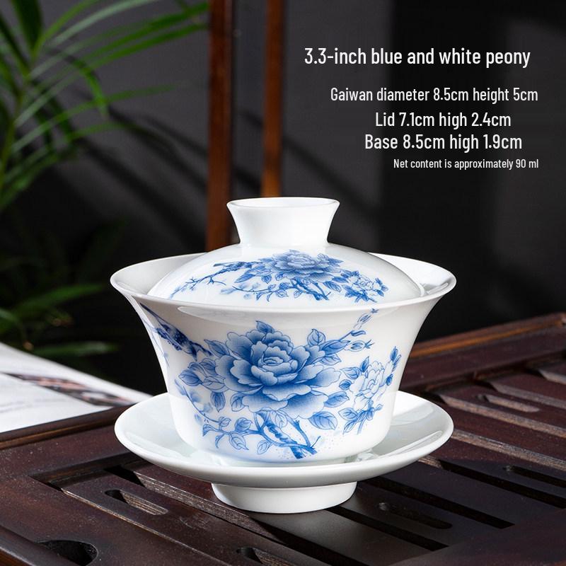 Chaozhou Blue and White Porcelain Gongfu Tea Set: Gaiwan, Mini Tea Cup, and Bowl