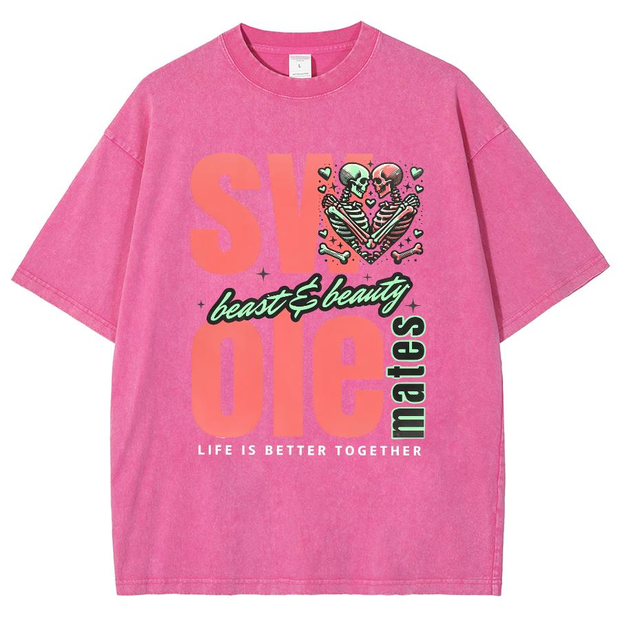 Casual Minimalist Oversized Monogram Print Women's T-Shirt Summer Comfortable Crewneck Washed Short Sleeve Street Top