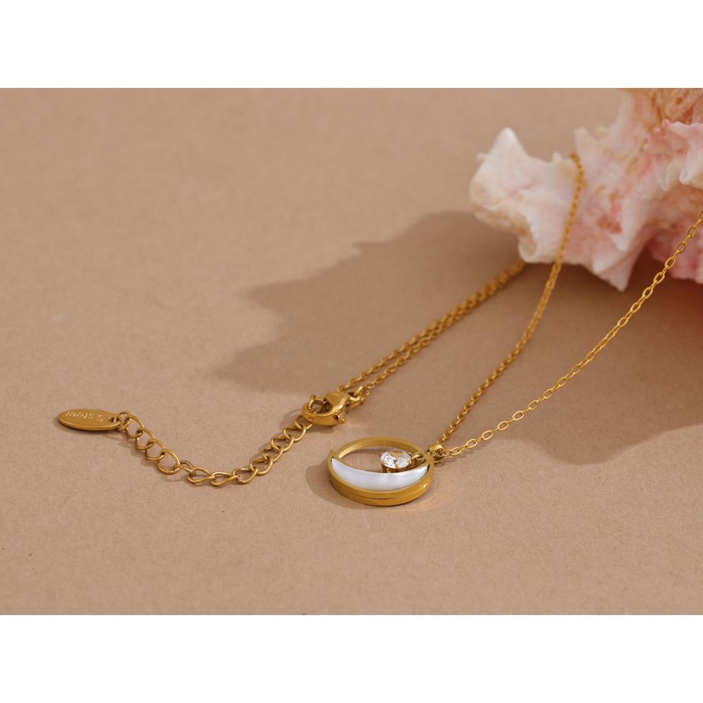 Yhpup Natural Shell Zirconia Moon Round Chic Pendant Necklace Korean Style Daily Jewelry Waterproof Accessories Gift