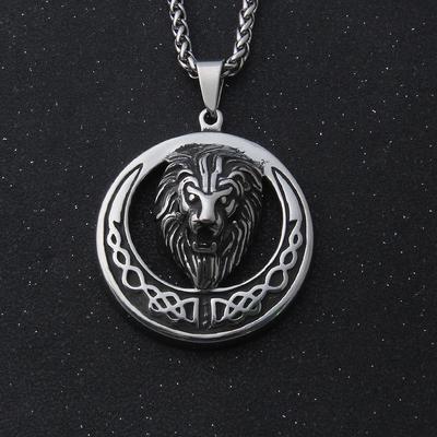 Stainless Steel Lion Pendant Necklace for Men - Biker Celtic Knot Chain Jewelry Gift with 30" Heavy Curb Link