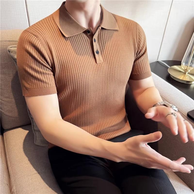 

Summer Men Striped Polo Shirt Breathable Solid Casual Elastic Slim Fit Short Sleeved Turn Down Collar Polos 2XL кавовий