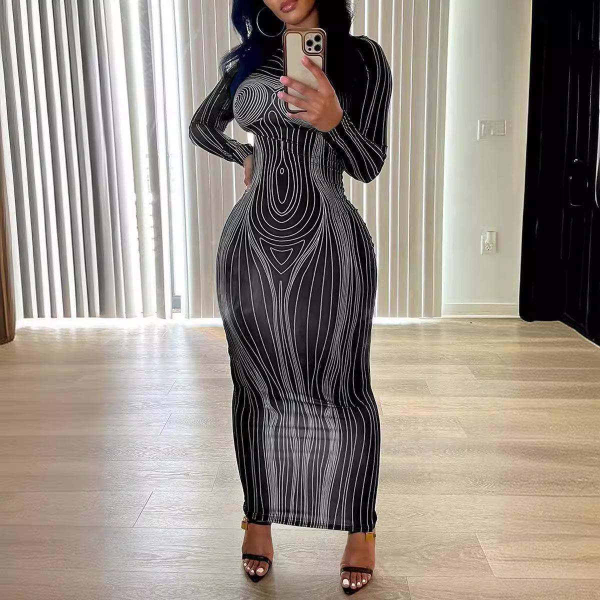 

Осенние женские платья с длинным рукавом и круглым вырезом, модные принты, облегающие платья до бедра XS чёрный