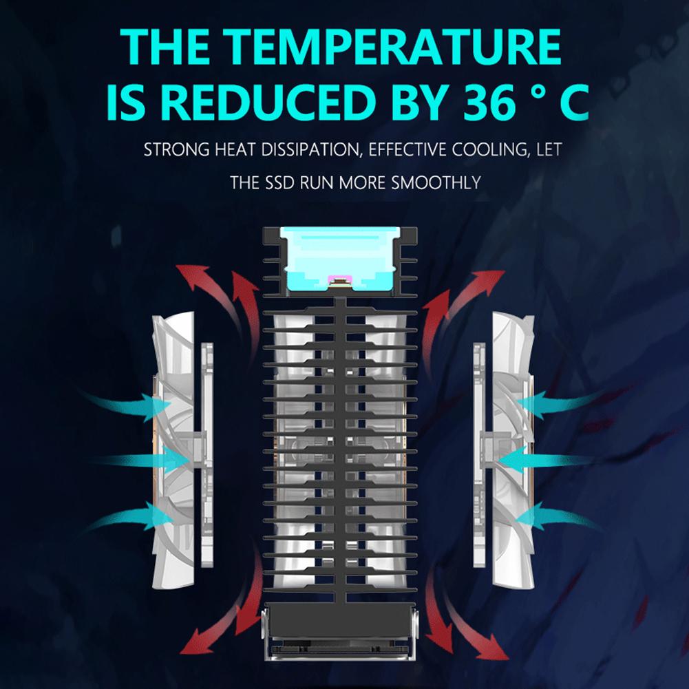 ARGB M.2 2280 SSD Heatsink Aluminum Alloy M.2 SSD Heatsink Cooler with 50MM PWM Dual Fan with Thermal Pad for M.2 Desktop PC