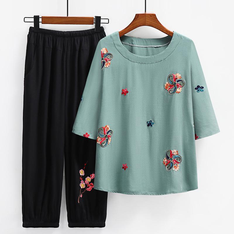 Stylish Summer Seven-Sleeve Top Set for Middle-Aged and Older Women