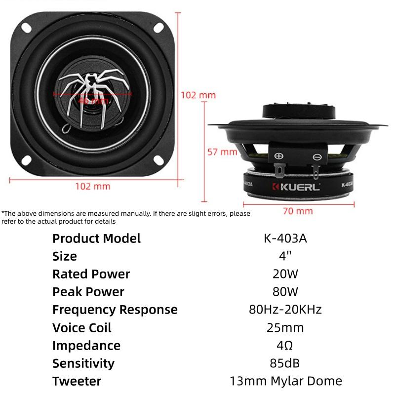 4 Inch MAX 80W Universal Car Coaxial Speaker Auto Music Stereo Full Range 2-way HIFI Car Stereo Sound Speakers 1 Pair 4inch