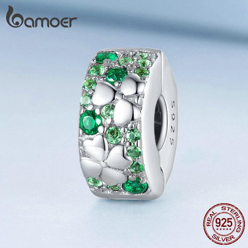 

BAMOER стерлингового серебра 925 пробы зеленый циркон четырехлистный клевер бусины счастливые бусины круглые клипсы подвески для женщин браслет 925 silver