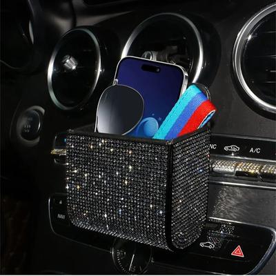 Cutie de depozitare pentru mașină Încrustată cu diamante Depozitare la gura de aer condiționat a mașinii Geantă multifuncțională din piele cu diamante complete Accesorii auto