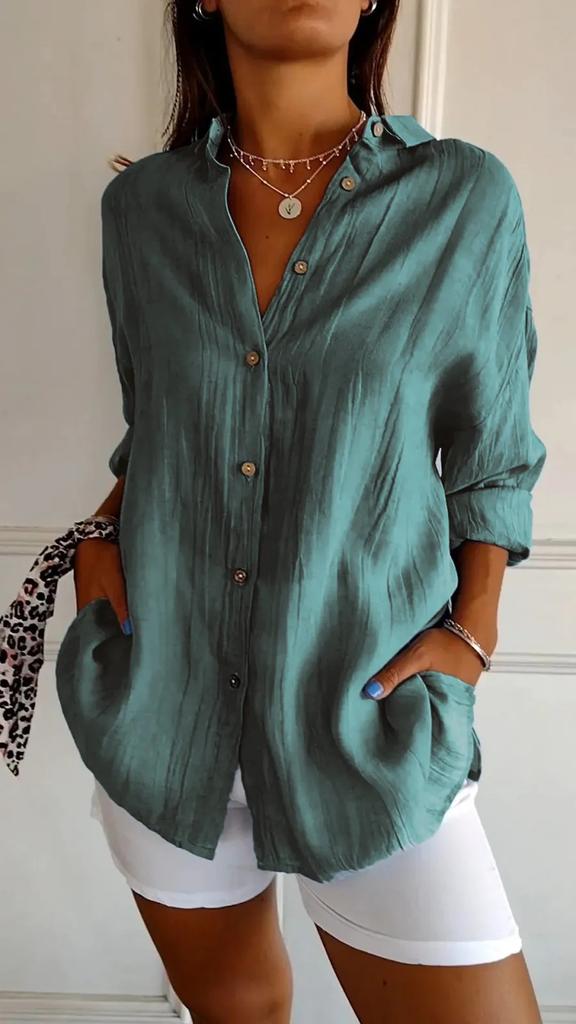 VEZFAA Women's Fashion Casual Spring Autumn Solid Color Print Long Sleeve POLO Neck Blouses & Shirts