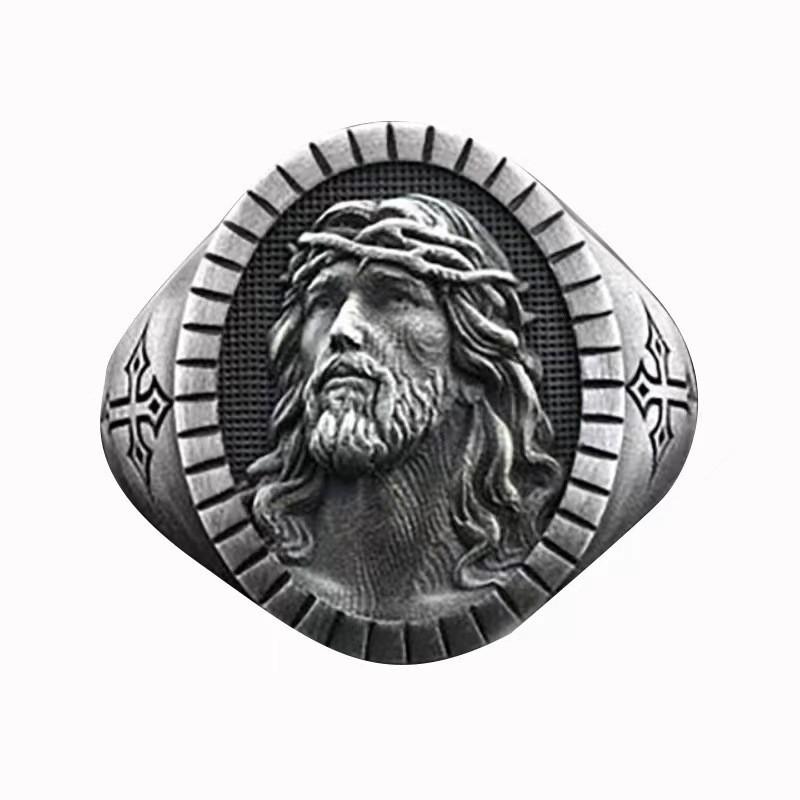 Retro Men's Cross Portrait Ring - Unique Design Jewelry