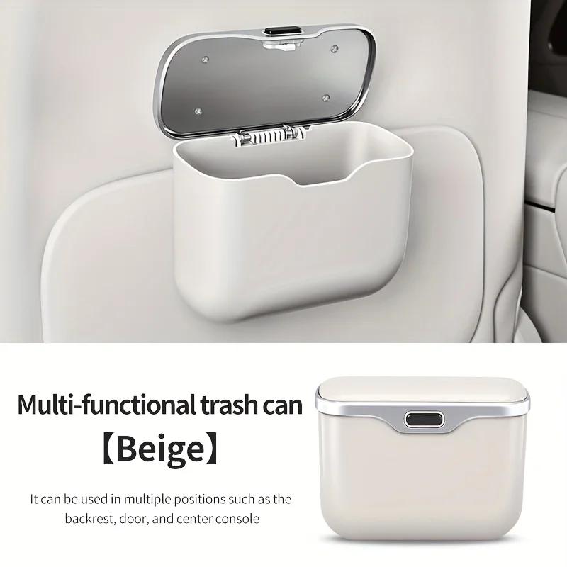 Multifunctional Hanging Car Trash Can With Press Top Lid Wet & Dry Storage Bin For Auto Interior Accessories