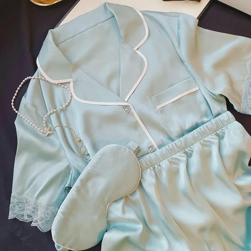 Women's Ice Silk Lace Pajama Set - Short-Sleeve, Solid Color, Princess Style, Casual Home Wear