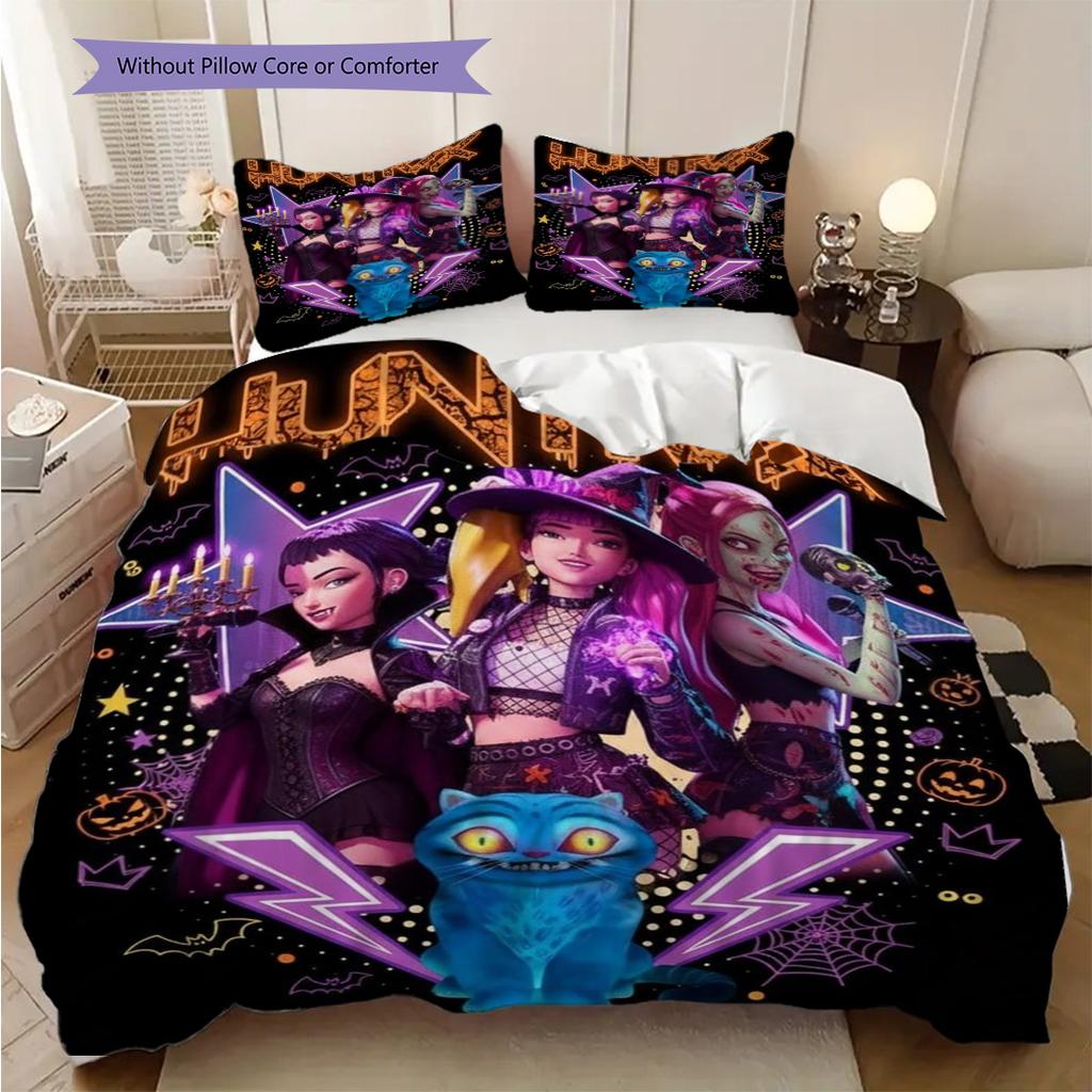 Kpop Demon Hunters Action Three-piece set (1 * duvet cover + 2 * pillowcase, without core) 2D Flat Soft and comfortable Bedding set