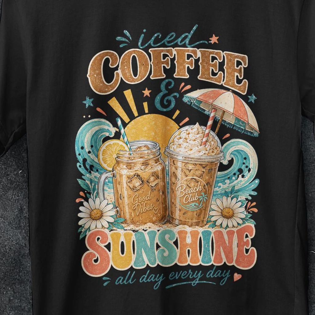 Iced Coffee and Sunshine Shirt, vintage t shirt, funny gifts, Iced Coffee Shirt, Coffee Lover Gift, Summer Vibes Shirt, Coffee T Shirt, gift