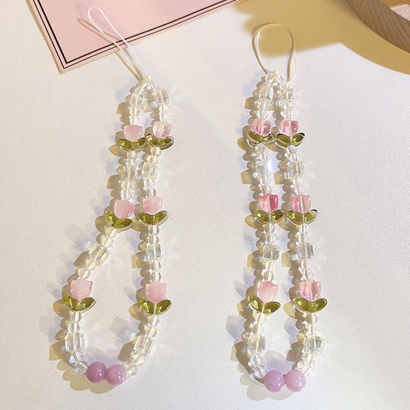Korean Cute Flower Tulip Pearl Beaded Phone Chain For Mobile Phone Lanyard Pendant Anti-Lost Hanging Jewelry