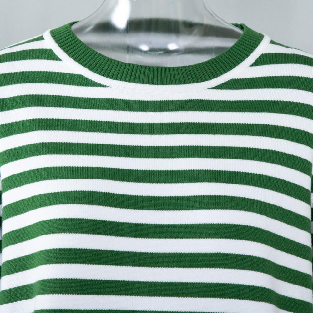 Women Tops Round Neck Long Sleeve Striped Print Sweater Loose Fit Stretchy Retro Knitting Tops Daily Wear