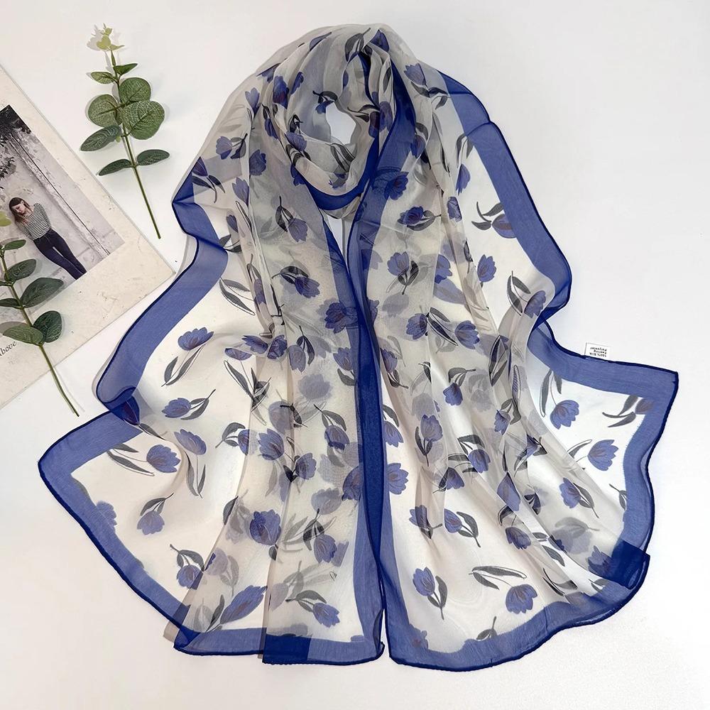 

1Pcs New Elegant Headband Shawl Chiffon Georgette Thin Silk Scarf Magnolia Flower Print Bandana Scarf Summer Beach
