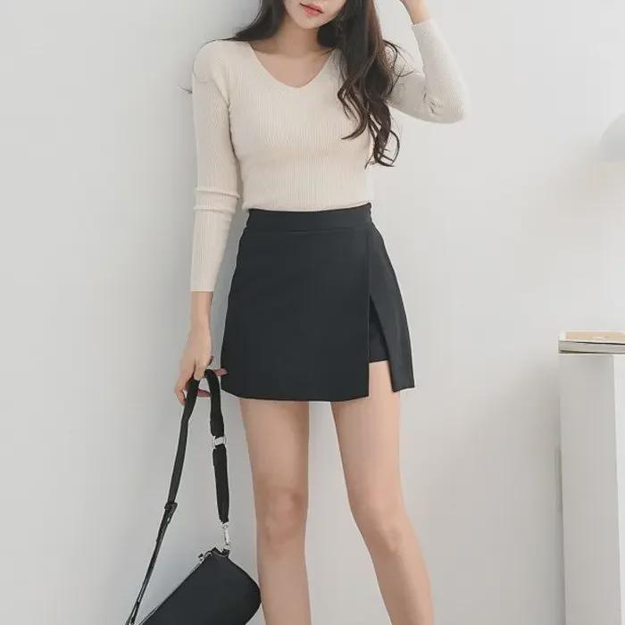 High-Waist Slim A-Line Skirt Pants with Slit - Black 2022