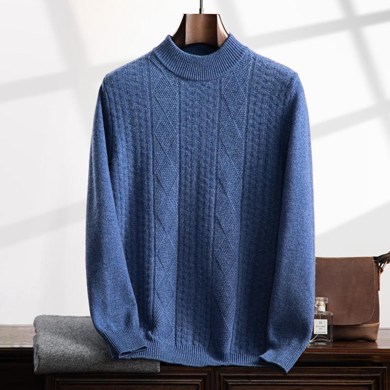 Men's Cashmere Cable Knit Sweater - Autumn/Winter 2025, Loose Fit, Semi-High Neck, Gentle Style