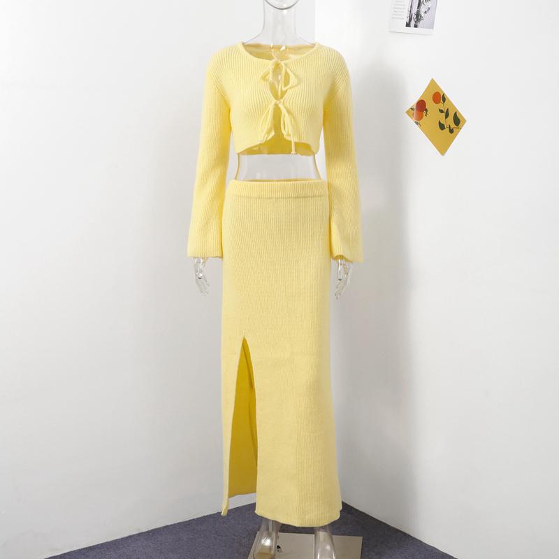 Slim Lace Up Knitted Top Skirts Set Women O-neck Flare Sleeve Hollow Out Crop Tops High Waist Split Skirt Spring Autumn Casual Outfits