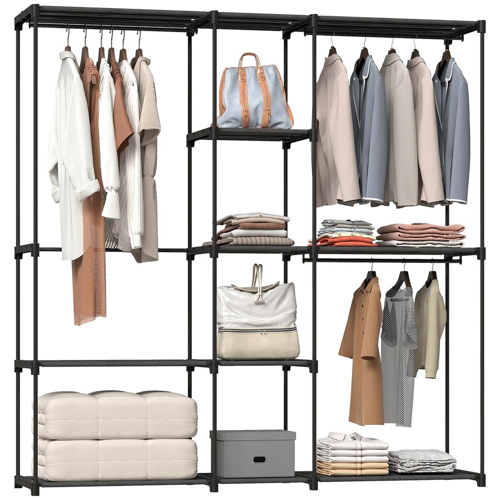 Portable Wardrobe, Open Clothes Wardrobe with 8 Shelves, 3 Hanging Rails, Black