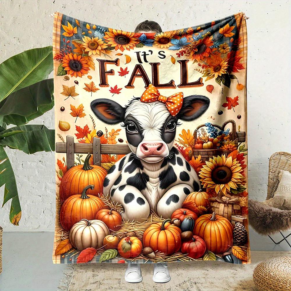 Fall Harvest & Cow Print Flannel Throw Blanket - 100% Polyester Non-Woven Fabric, Digital Print, Reversible All-Season Country