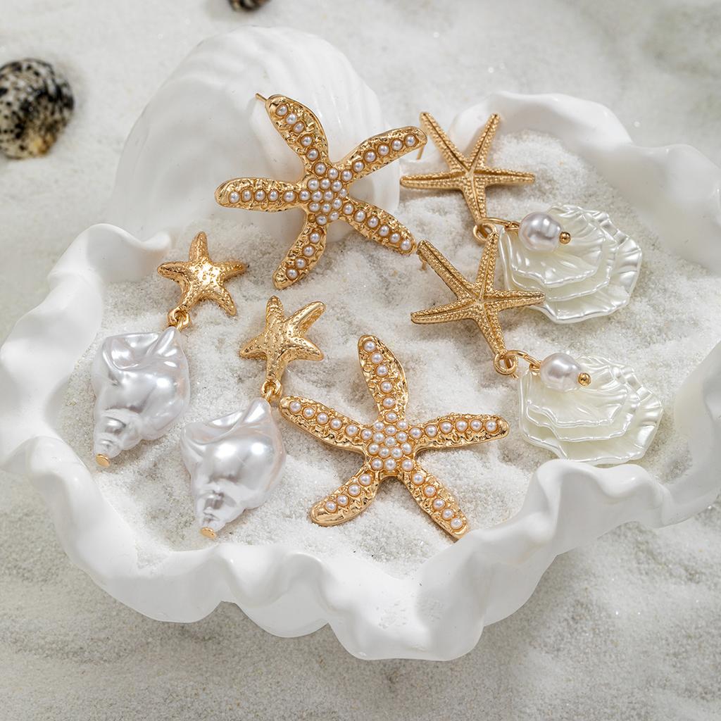 Seaside Resort Style 3 Pairs Starfish & Shell Earrings, Pearl Conch Jewelry, Niche Design Light Luxury Drop Earrings for Women