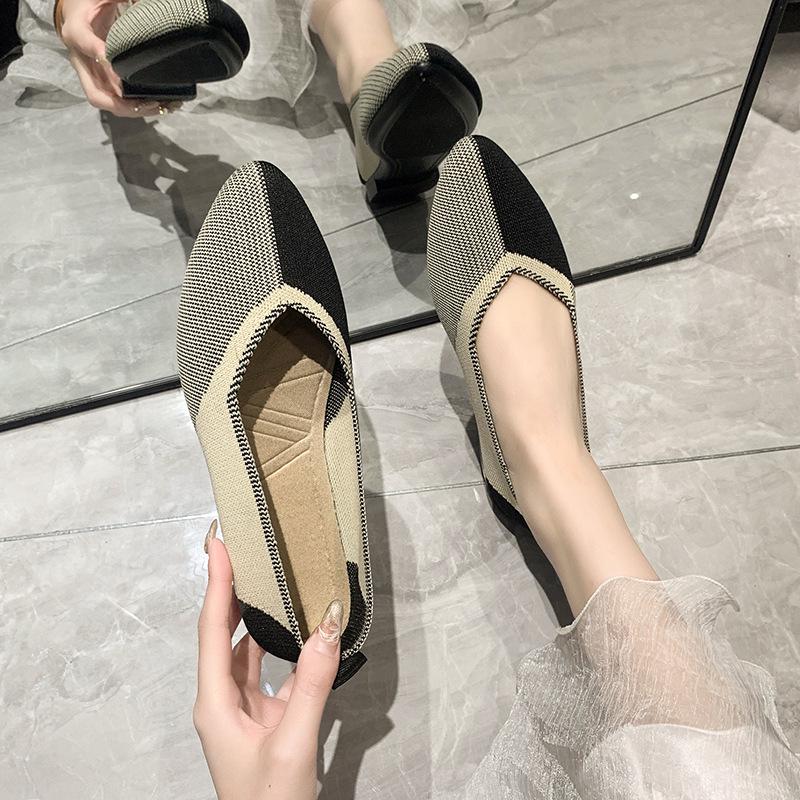 Women's Pointed Toe Flyknit Slip-On Shoes - Low Heel Flat Bottom for Spring/Autumn 2024