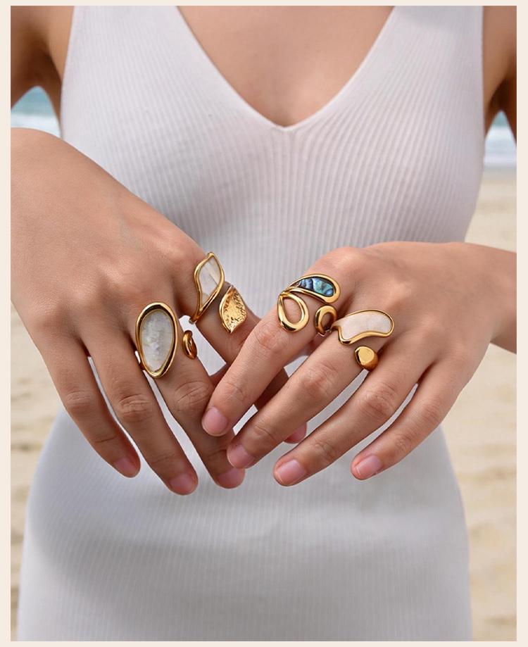 Abalone Shell Ring Natural Mother of Pearl Gold Plated Adjustable Open Irregular Geometric French Vintage Summer Beach Jewelry