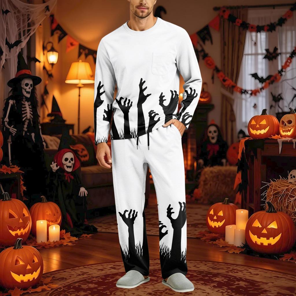 Men's Halloween Pajama Set Long Sleeve with Buttoned Crotch and Elastic Drawstring Waist Sleepwear