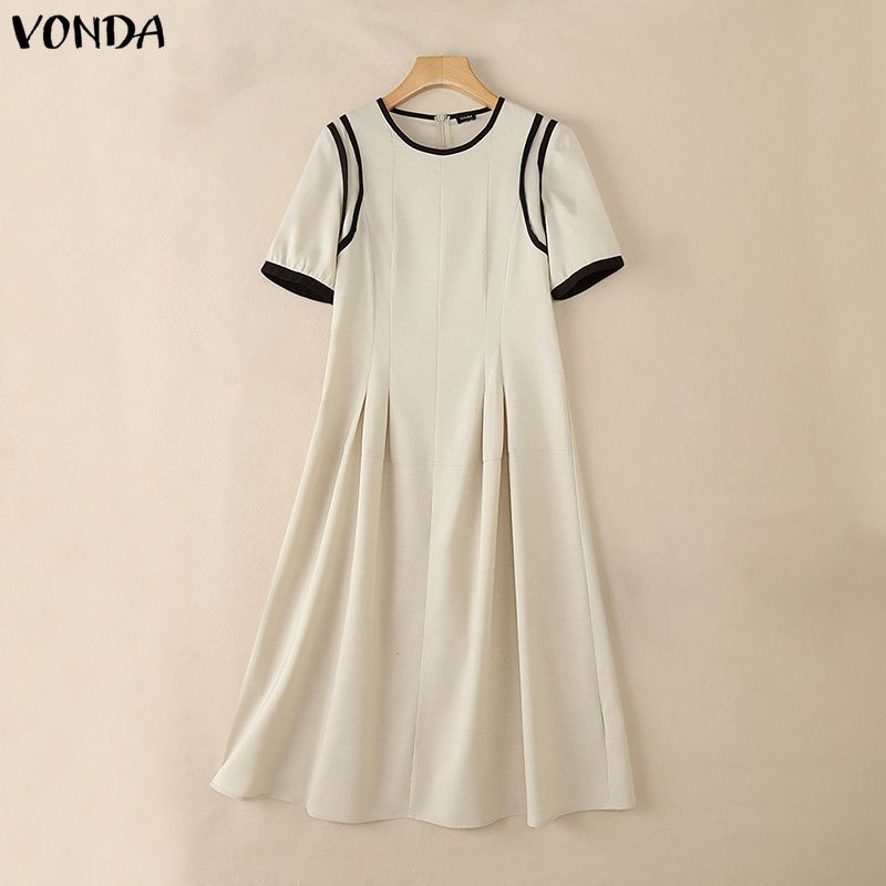 VONDA Women Summer Casual O-Neck Short Sleeve Stitching Dress Sundress