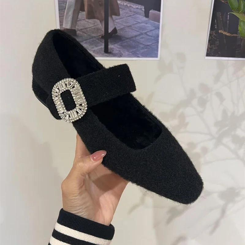 Fashion Warm Fleece 3CM Women Mary Jane Shoes Fashion Crystal Buckle 2025 Spring Wedding Party Female Shoes