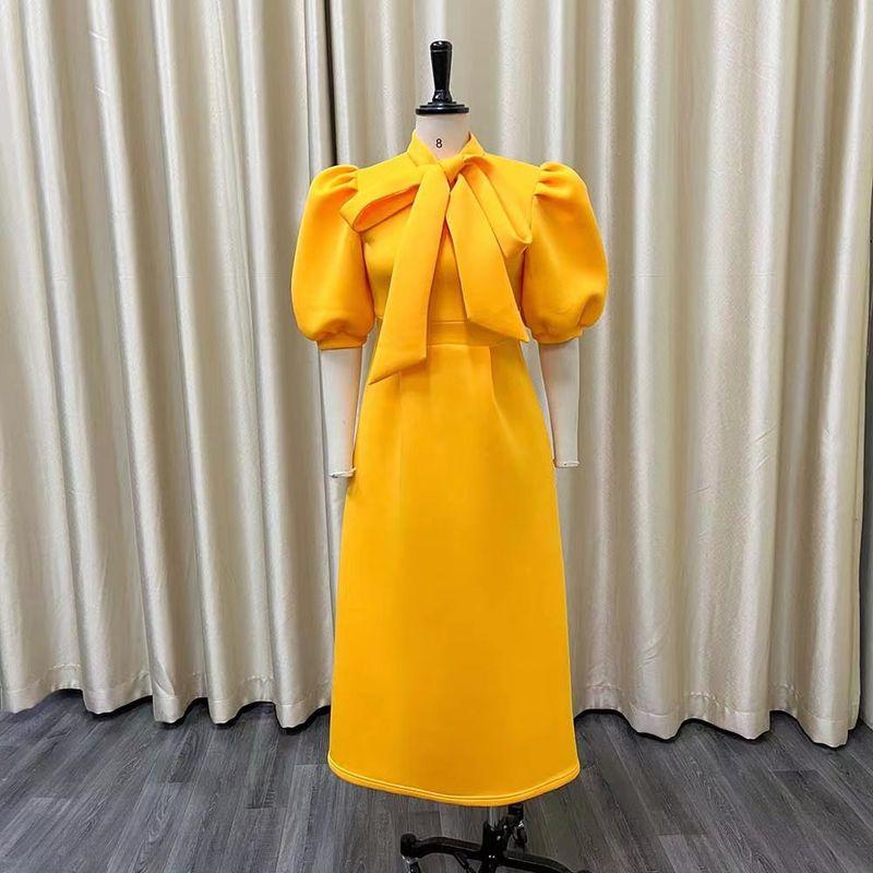 

Fashion Plus Size New Arrival Bows Pure Color Banquet Dress Short Sleeve Dress Bow Party Dress Yellow M