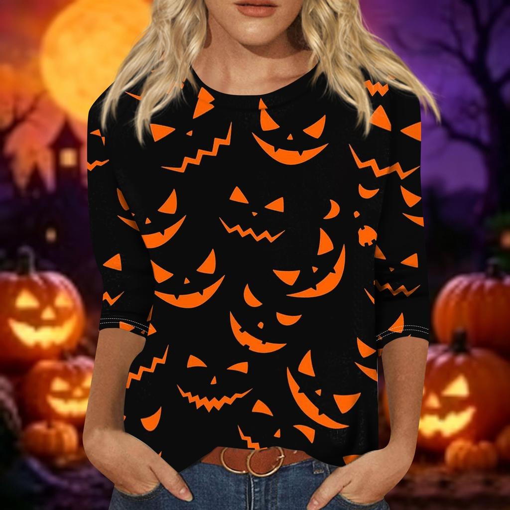 Women's Casual 3/4 Sleeve Crew Neck Top Halloween Themed Print Lightweight Pullover Blouse for Everyday Wear