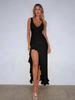 Summer Solid Color Slim Fit V-neck Ruffle Split Dress with Spaghetti Straps