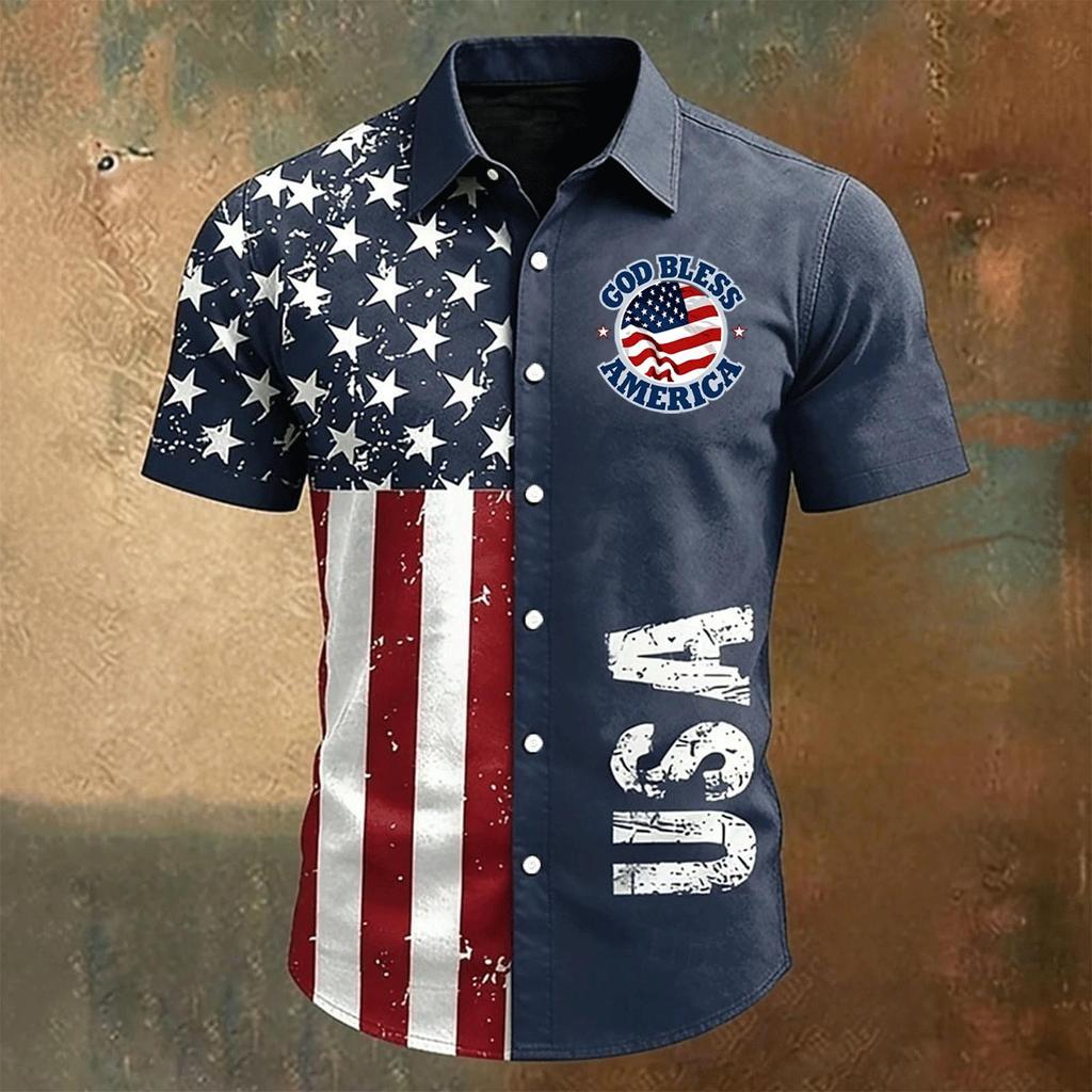 Men's Short Sleeve Button Down Shirt Collared Casual Fit with Letter Print and USA Flag Inspired Pattern for Spring Summer