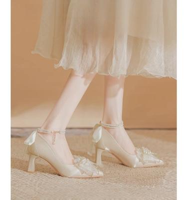 One-word Buckle Single Shoes Women's Thick Heel Satin Wedding Shoes 2025 New Cheongsam Dress Bow High Heels Can Be Worn At Ordinary Times