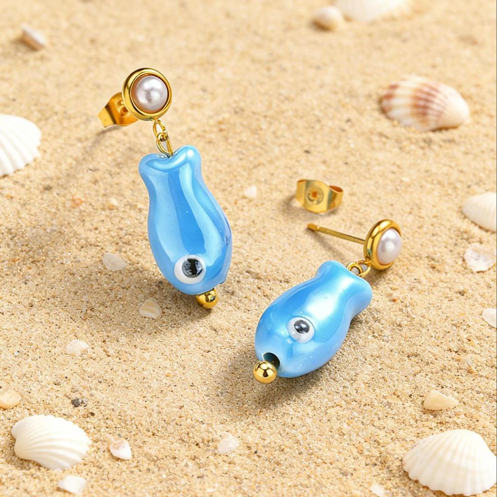 Stainless Steel Earrings Colorful Ocean Ceramic Fish Drop Dangle Earrings for Women Summer Beach Holiday Handmade Jewelry Gift