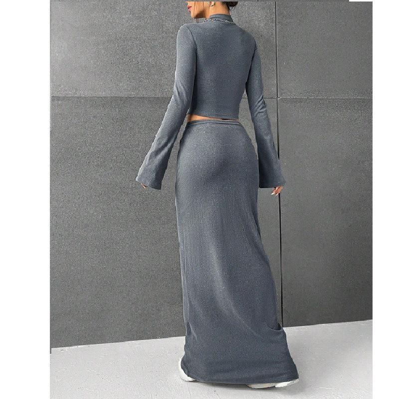 Women's Slimming Lace-up Long Dress Set - Solid Color for Autumn/Spring