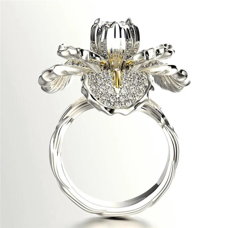 Milangirl Luxury Female White Blue Flower Ring Charm Crystal Zircon Stone Engagement Ring Elegant Rings For Women