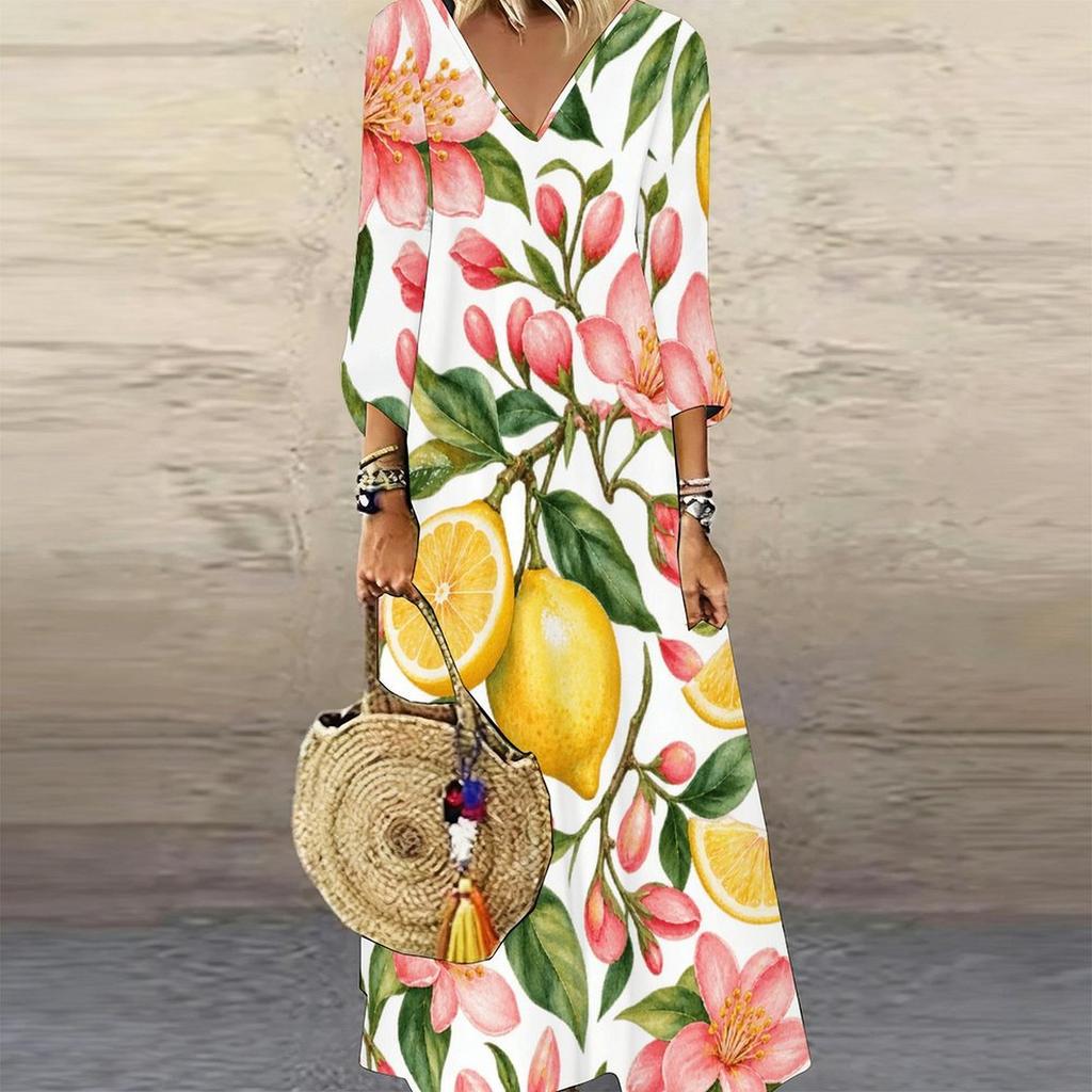 Women Plus Size V Neck Three Quarter Sleeve White Purple Floral Printed Long Dress