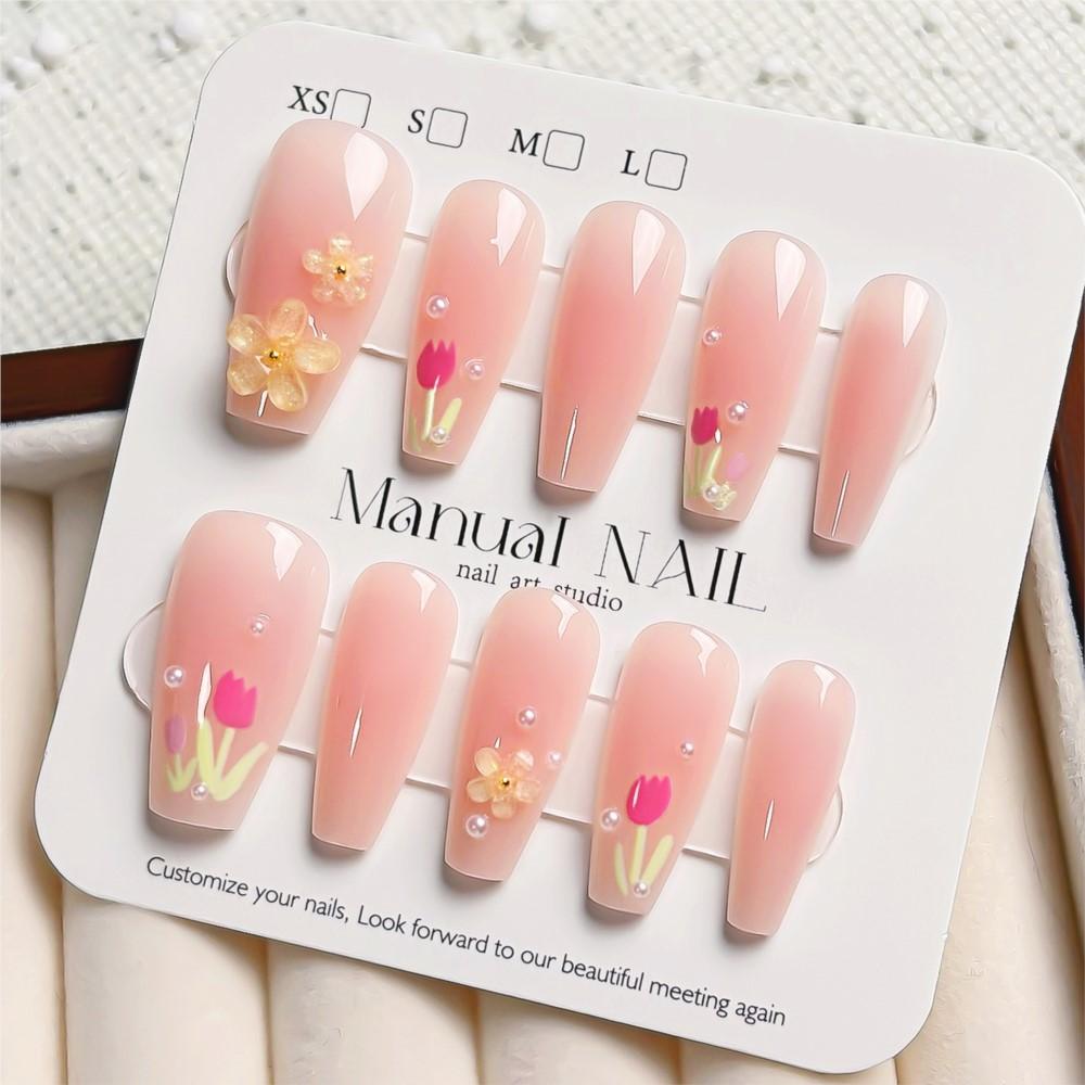 10/30pcs 5D Ice Transparent Pink Long Coffin False Nails 3D Cute Tulip & Acylice Flower Press On Nails Full Cover Fake Nails D&4