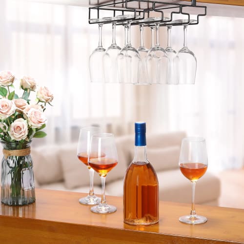 FOMANSH Hanging Wine Glass Holder, No Drilling Required, Storage, No Screws Required, Adjustable Shelf Thickness, Kitchen, Black